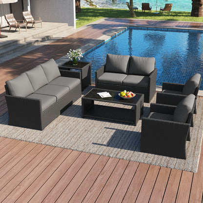 YODOLLA Patio Furniture Set with Two Table 7 PCS Outdoor Furniture, Black Ranttan Gray Cushion