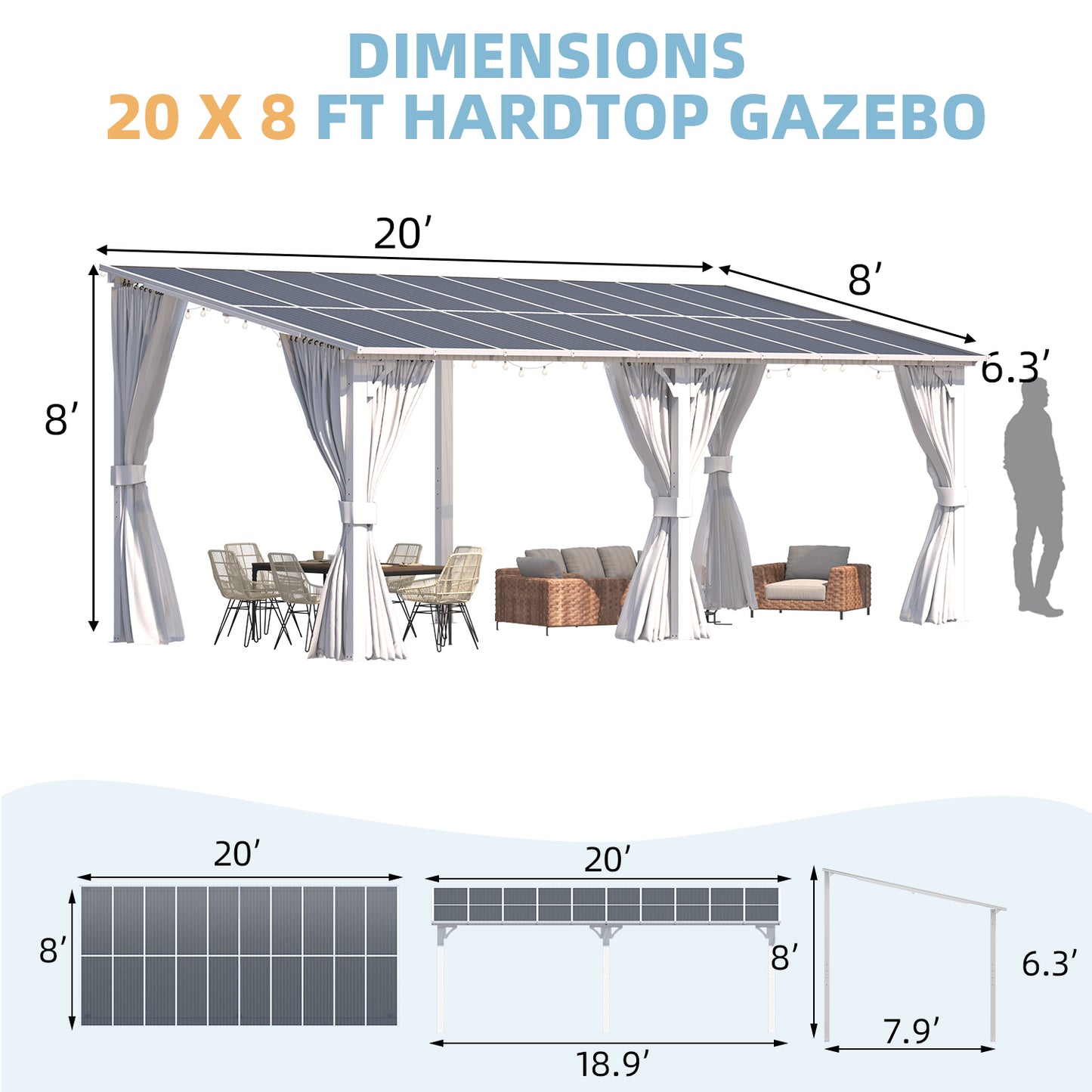 YODOLLA 20' x 8' Outdoor Lean to Gazebo Pergola with Curtain and Netting for Patio, White