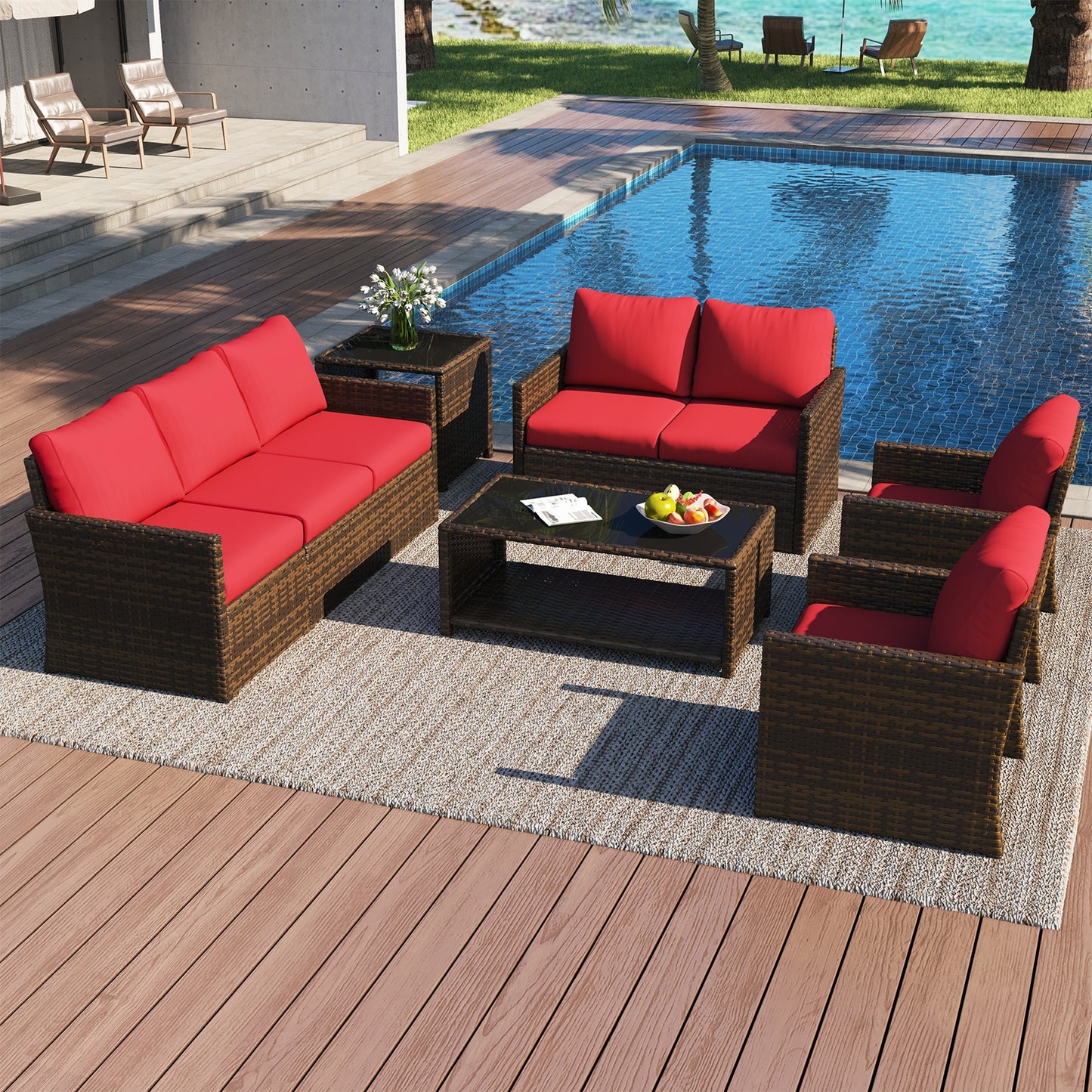 YODOLLA Patio Furniture Set with Two Table 7 PCS Outdoor Furniture, Brown Ranttan Red Cushion