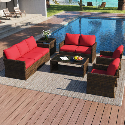 YODOLLA Patio Furniture Set with Two Table 7 PCS Outdoor Furniture, Brown Ranttan Red Cushion