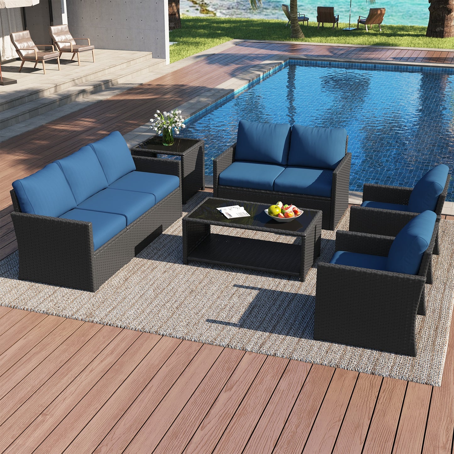 YODOLLA Patio Furniture Set with Two Table 7 PCS Outdoor Furniture, Black Ranttan Blue Cushion