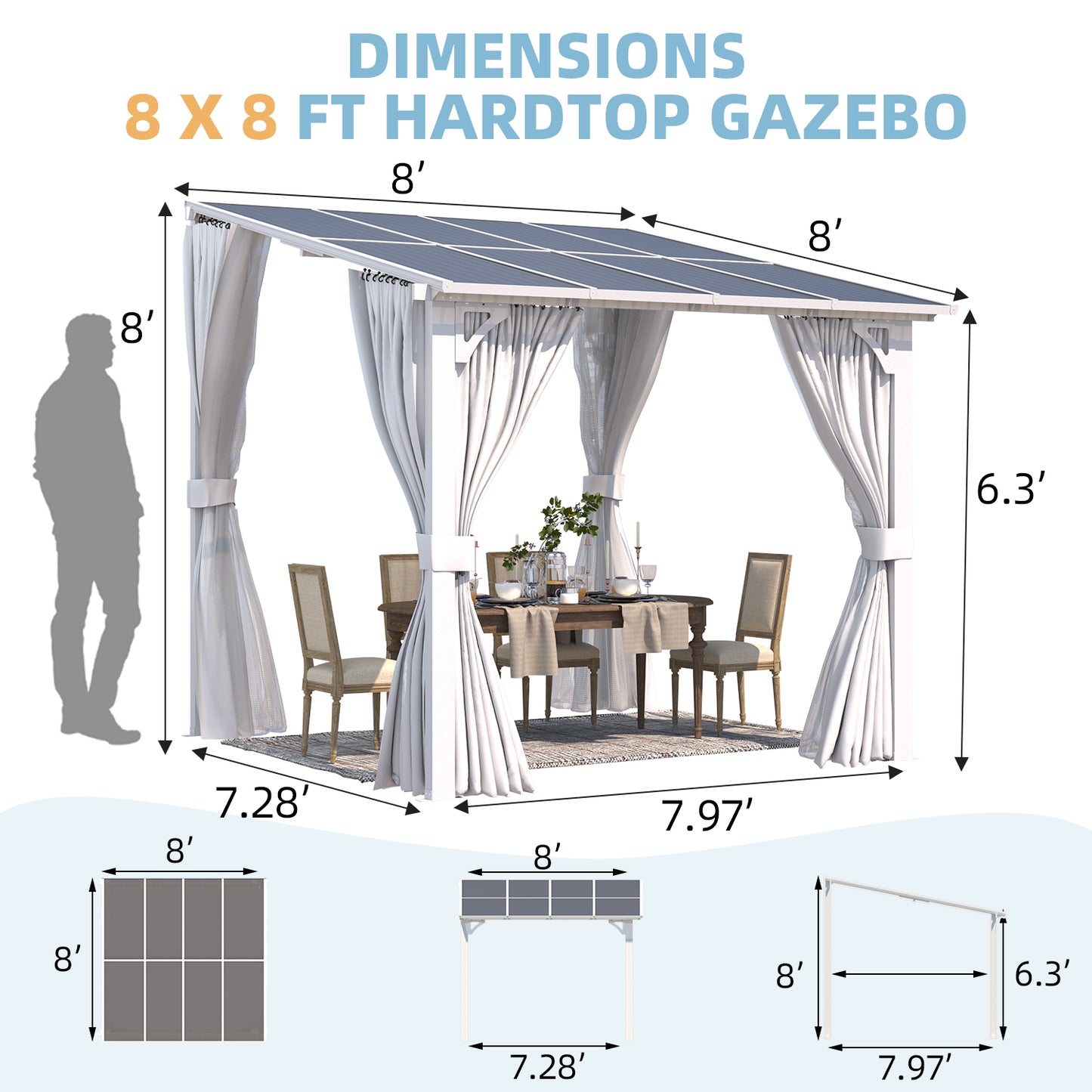 YODOLLA 8'x8' Outdoor Lean to Gazebo Pergola with Curtain and Netting for Patio, White