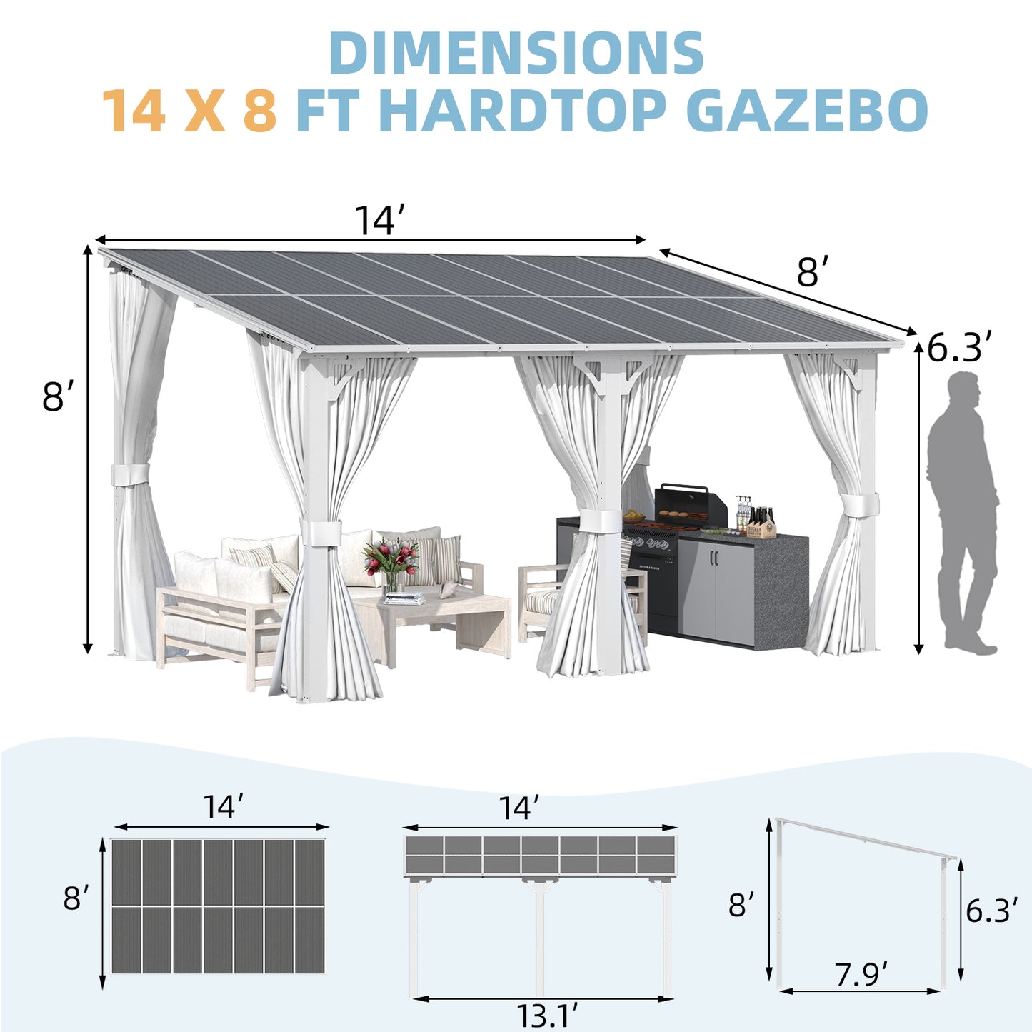 YODOLLA 14'x8' Outdoor Lean to Gazebo Pergola with Curtain and Netting for Patio, White