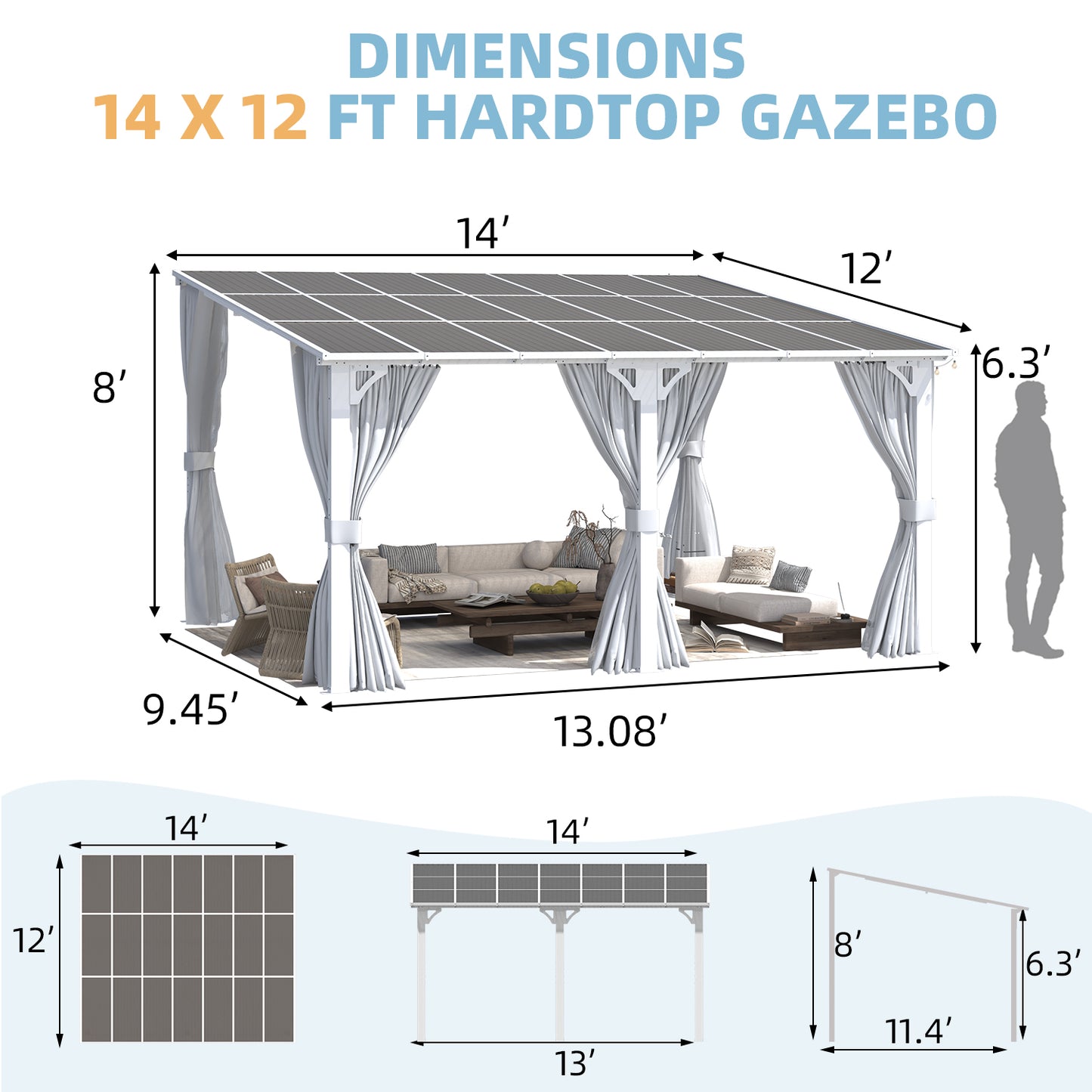 YODOLLA 14'x12' Outdoor Lean to Gazebo Pergola with Curtain and Netting for Patio, White