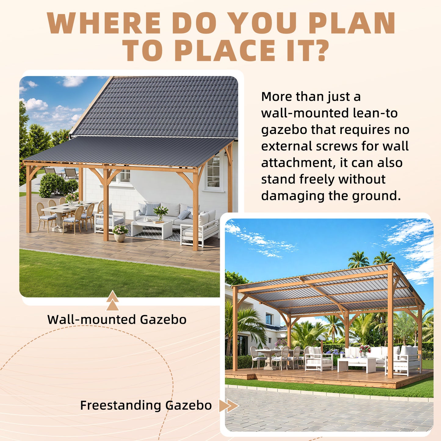 YODOLLA 16' x 10' Outdoor Wood Ceder Gazebo Lean to Hardtop Pergolas