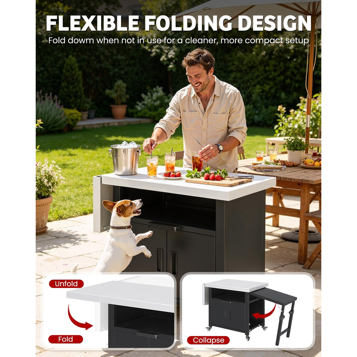 YODOLLA Outdoor Kitchen Island with Cabinet and 2 Side Table Movable Bar Cart