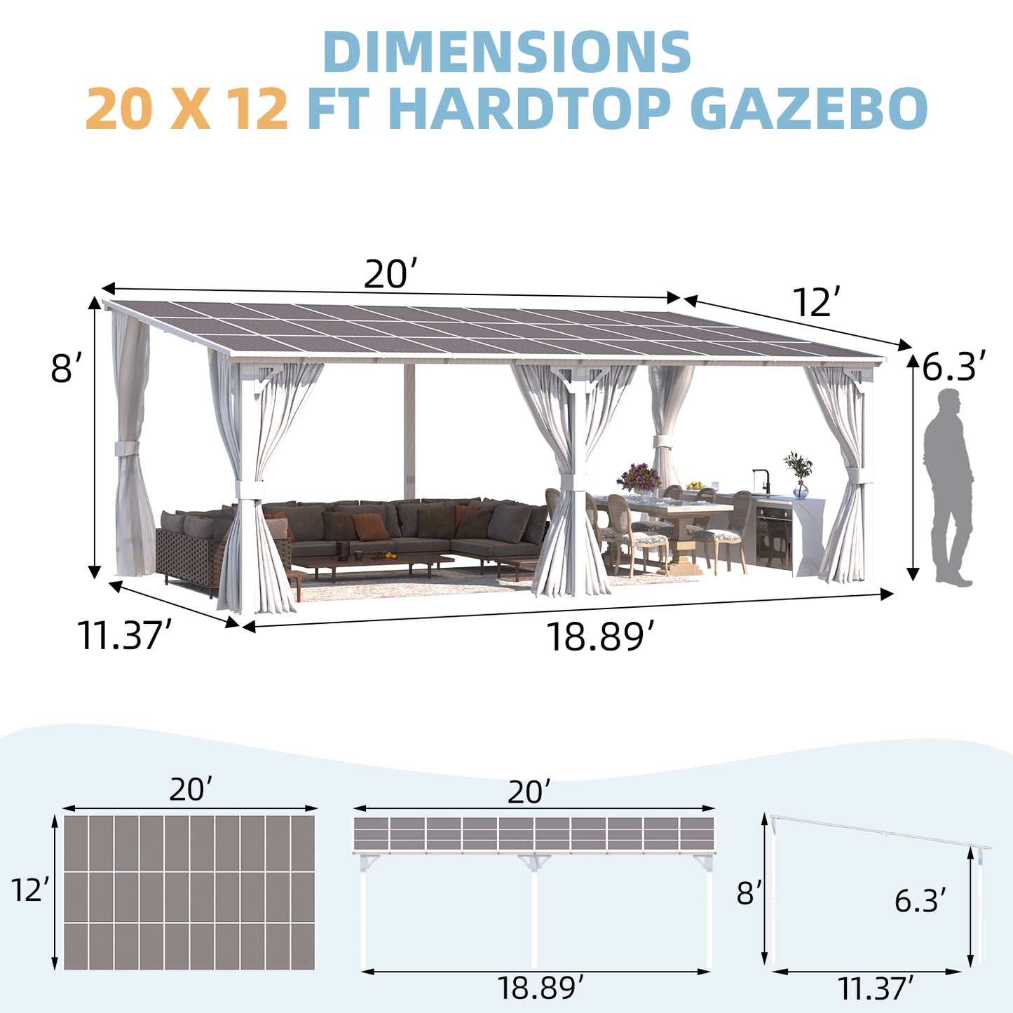YODOLLA 20'x12' Outdoor Lean to Gazebo Pergola with Curtain and Netting for Patio, White