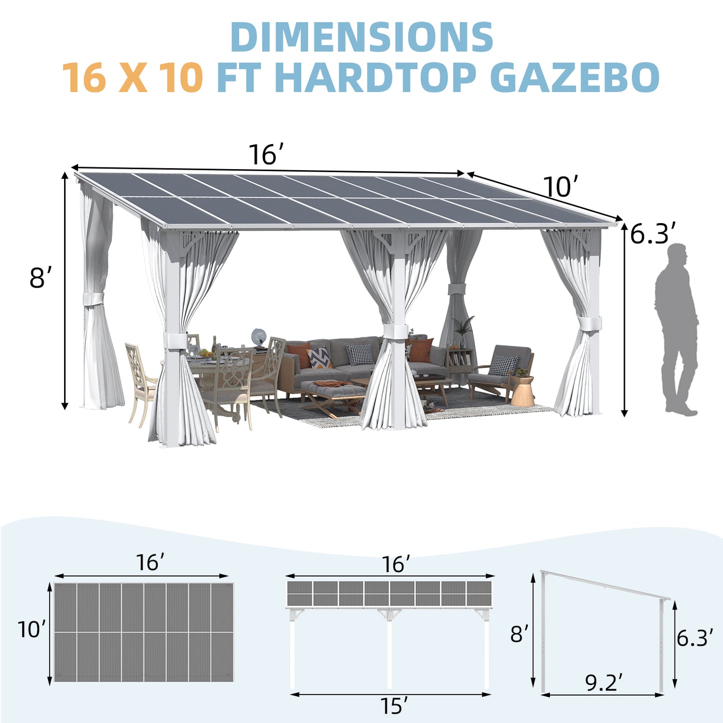 YODOLLA 16'x10' Outdoor Lean to Gazebo Pergola with Curtain and Netting for Patio, White