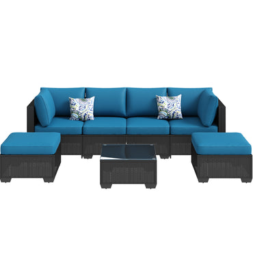 YODOLLA 7 Piece Outdoor Patio Furniture Set, Black & Peacok Blue