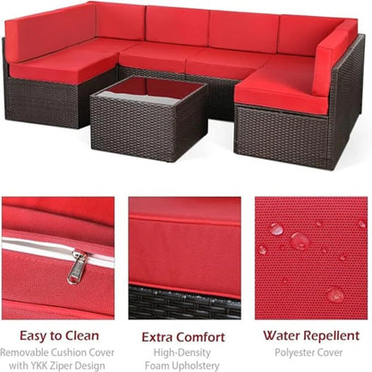 YODOLLA 7 Piece Outdoor Patio Furniture Set with Extra 43'' Fire Pit Table, Brown Rattan & Red Cushion