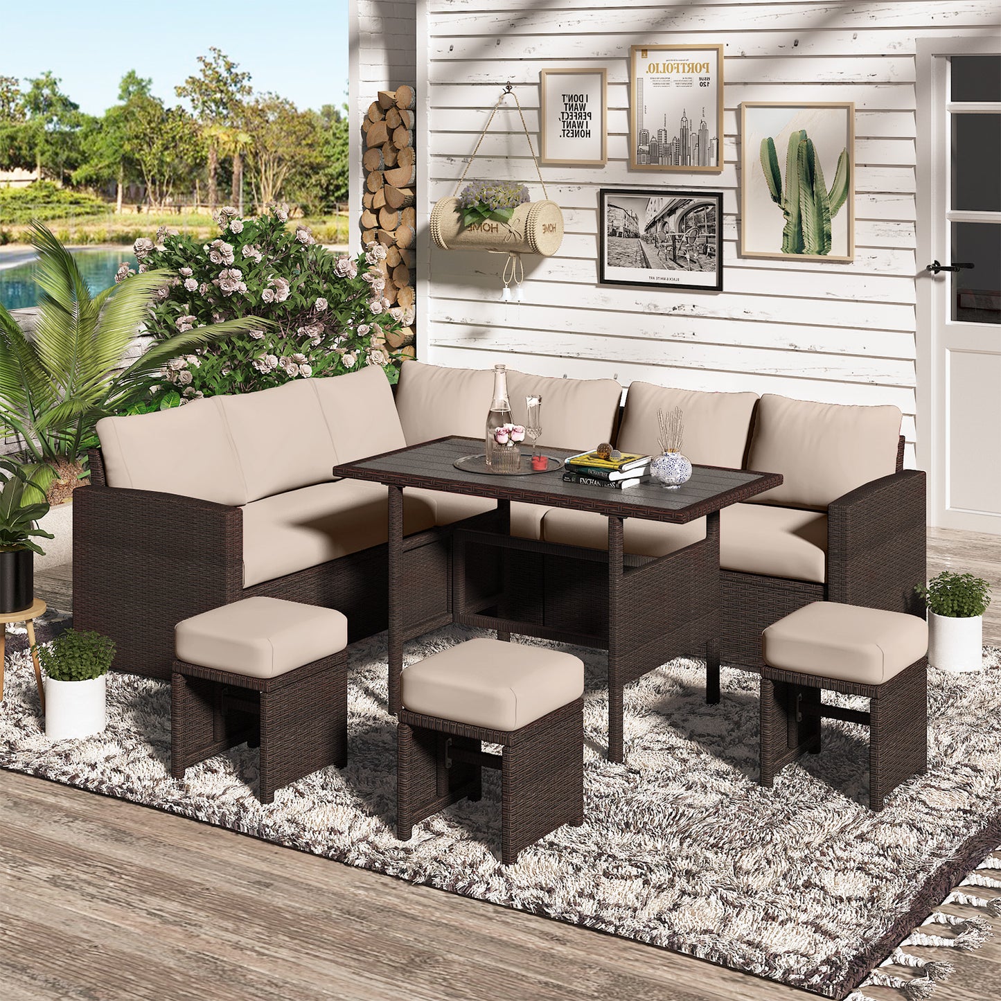 YODOLLA  7-Pc Patio Set, Brown Rattan & Khaki Cushions