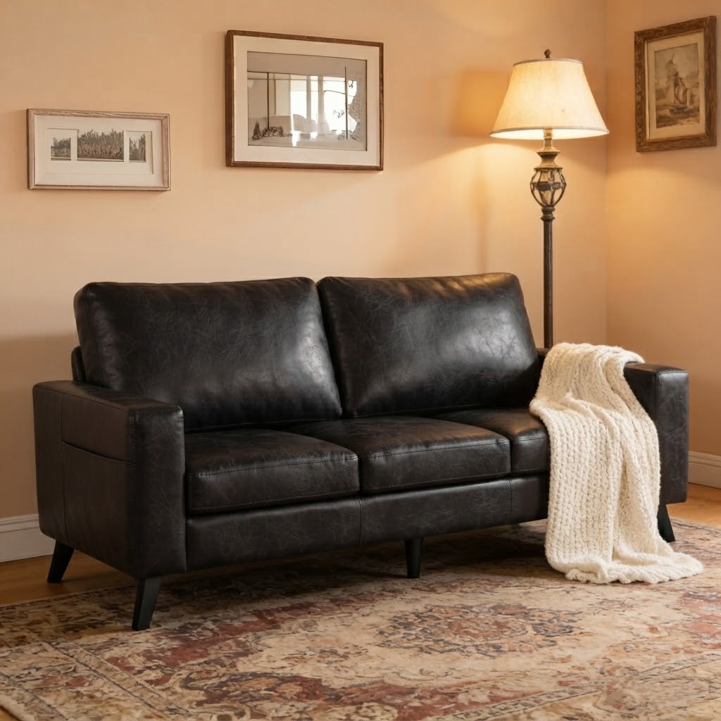 YODOLLA 79" 3-Seat Faux Leather Couch Modern Sofa, Black