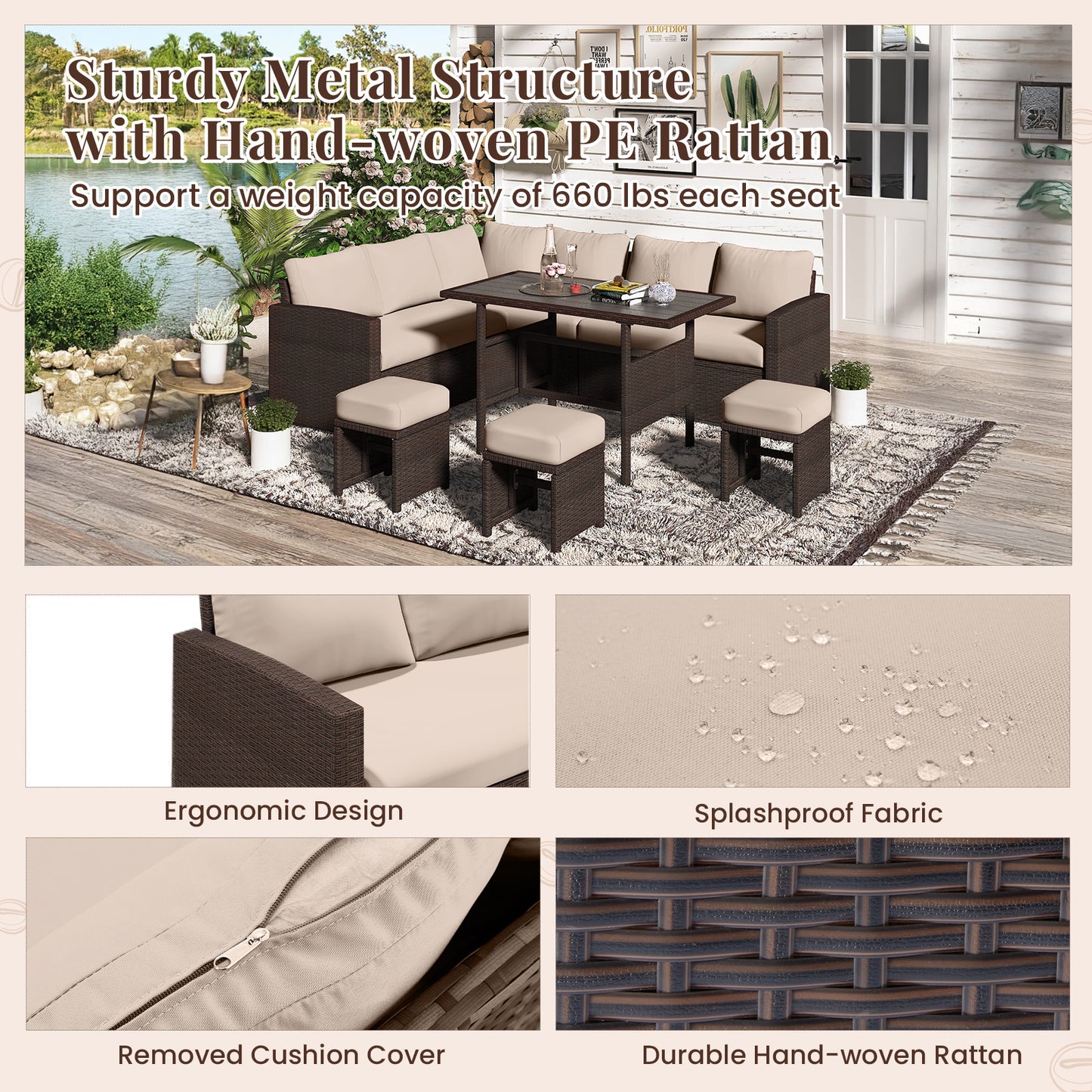 YODOLLA  7-Pc Patio Set, Brown Rattan & Khaki Cushions