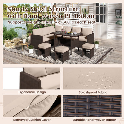 YODOLLA  7-Pc Patio Set, Brown Rattan & Khaki Cushions