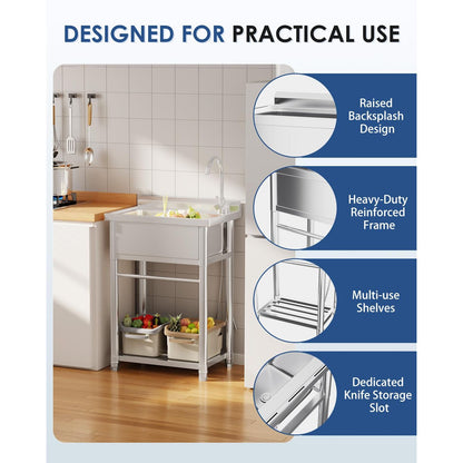 YODOLLA Stainless Steel Utility Sink Free Standing Single Bowl Commercial Kitchen Sinks