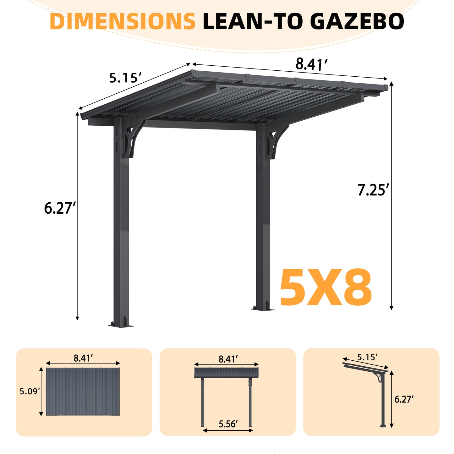 YODOLLA 8' x 5' Outdoor Lean to Grill Gazebo Hardtop Pergola Freestanding Pergolas