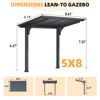YODOLLA 8' x 5' Outdoor Lean to Grill Gazebo Hardtop Pergola Freestanding Pergolas
