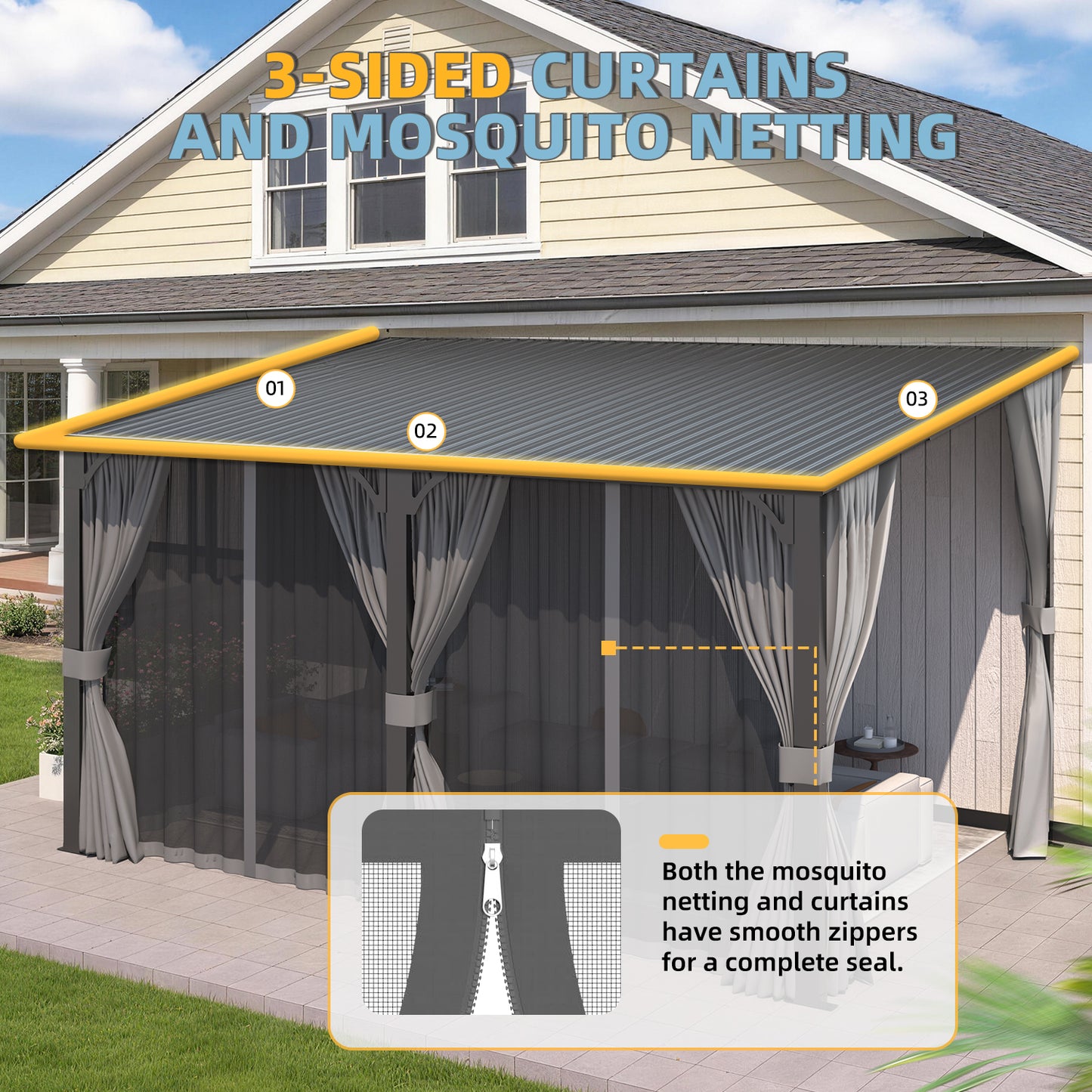 YODOLLA 16'x8' Outdoor Hardtop Metal Gazebo with Curtain and Netting