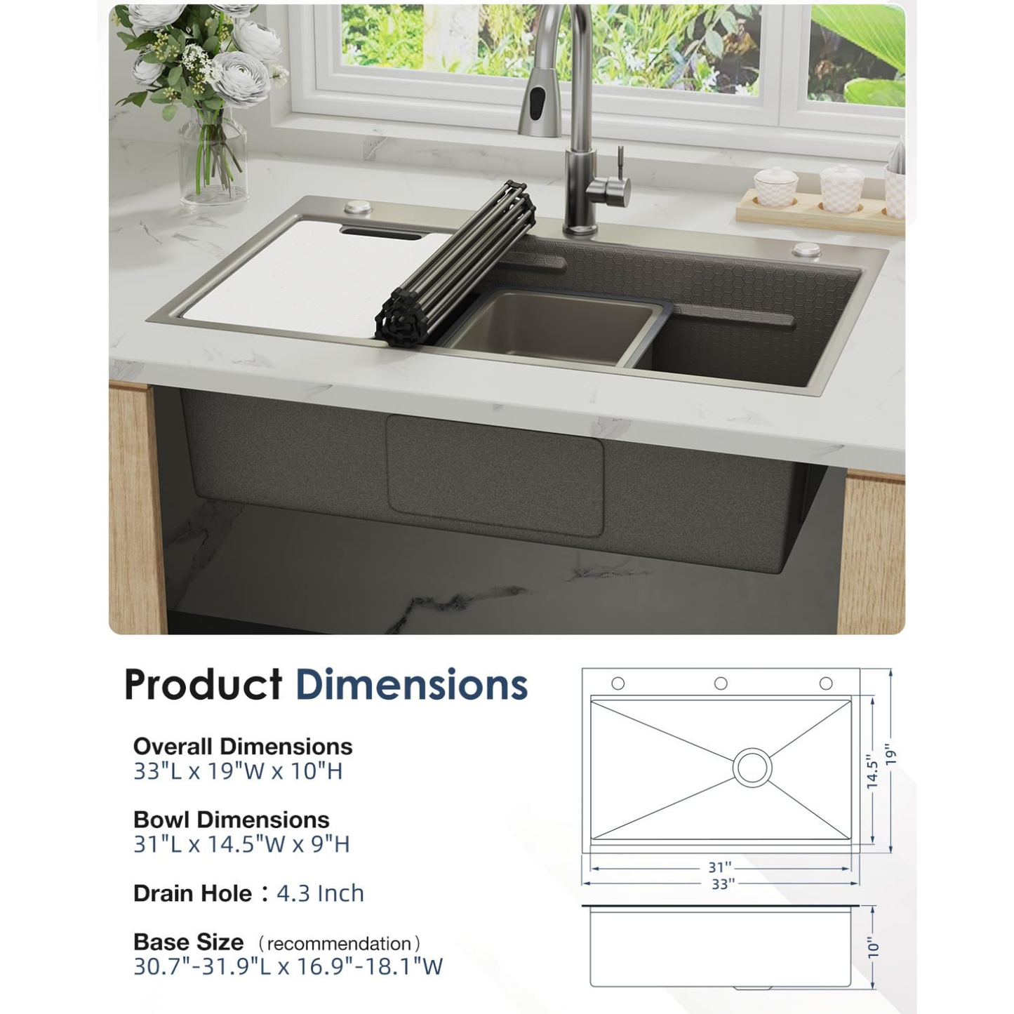 YODOLLA 33x19 Inch Drop-in/Topmount Kitchen Sink