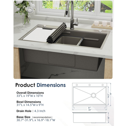 YODOLLA 33x19 Inch Drop-in/Topmount Kitchen Sink