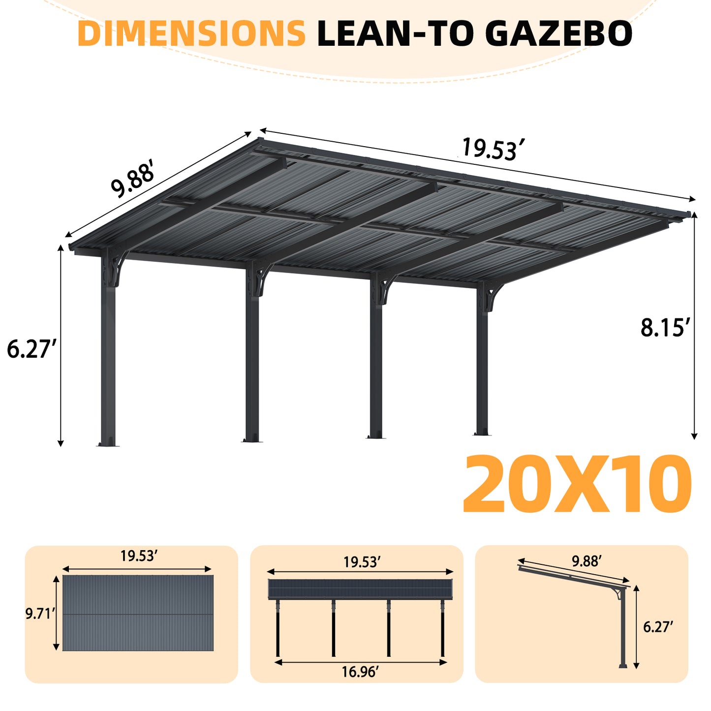 YODOLLA 20'x10' Freestanding Gazebo Outdoor Lean to Hardtop Metal Carport Pergolas