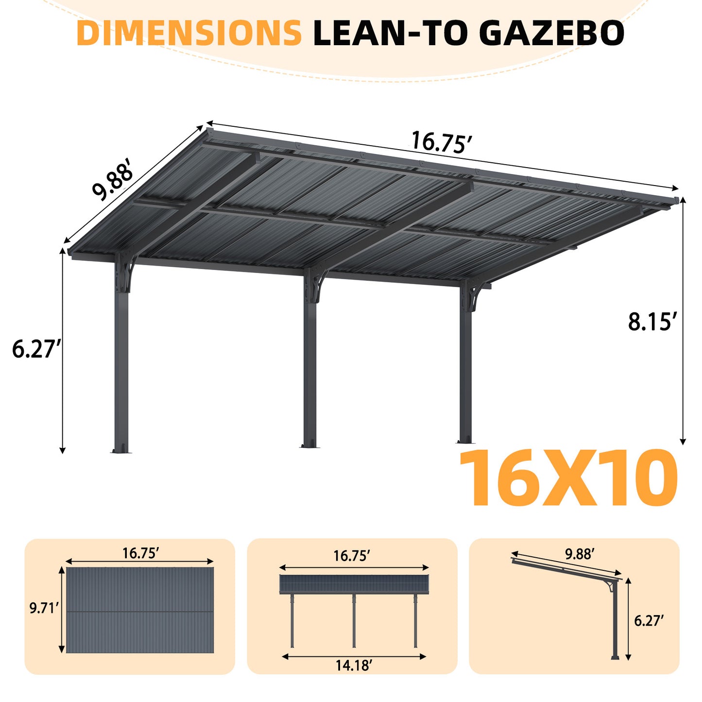YODOLLA 16'x10' Freestanding Gazebo Outdoor Lean to Hardtop Metal Carport Pergolas