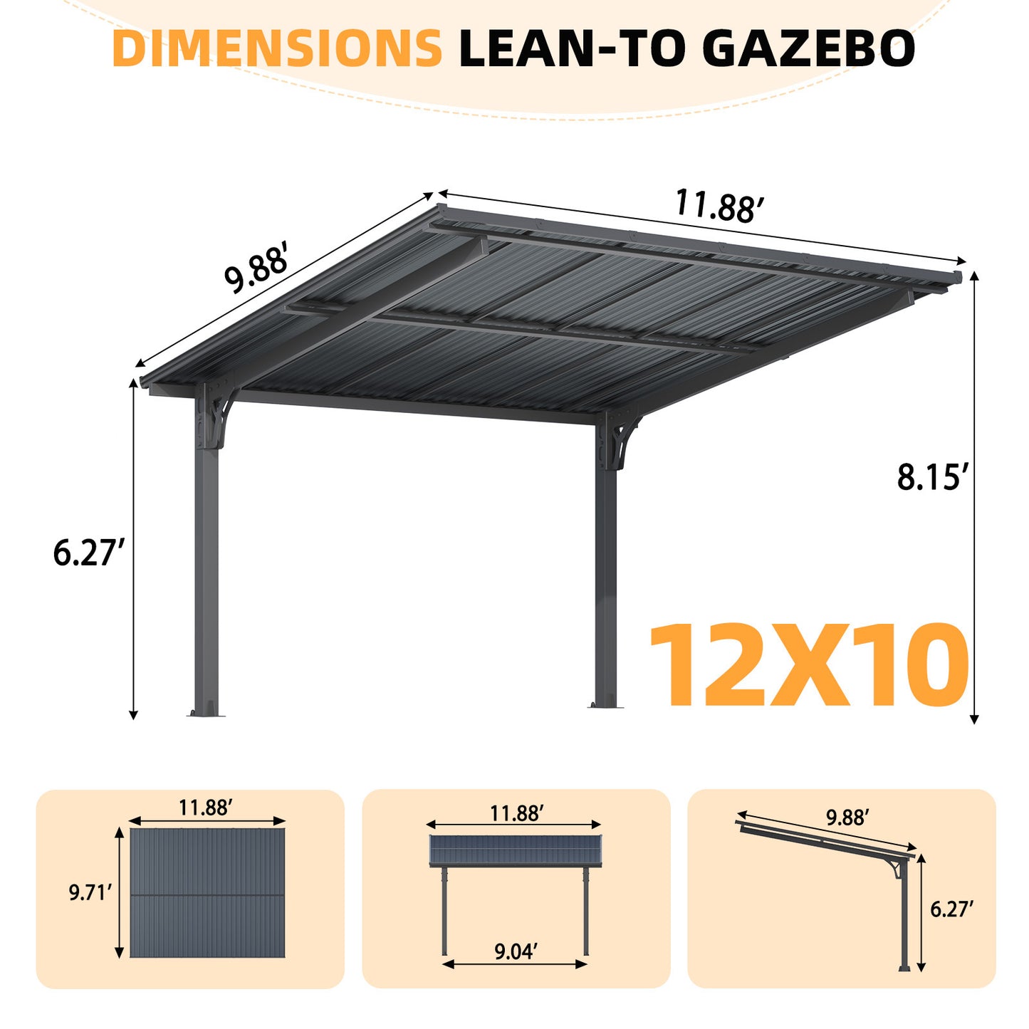 YODOLLA 12'x10' Freestanding Gazebo Outdoor Lean to Hardtop Metal Carport
