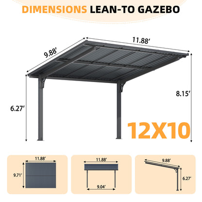 YODOLLA 12'x10' Freestanding Gazebo Outdoor Lean to Hardtop Metal Carport