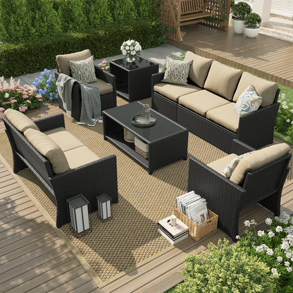 YODOLLA Patio Furniture Set with Two Table 7 PCS Outdoor Furniture, Black Ranttan Beige Cushion