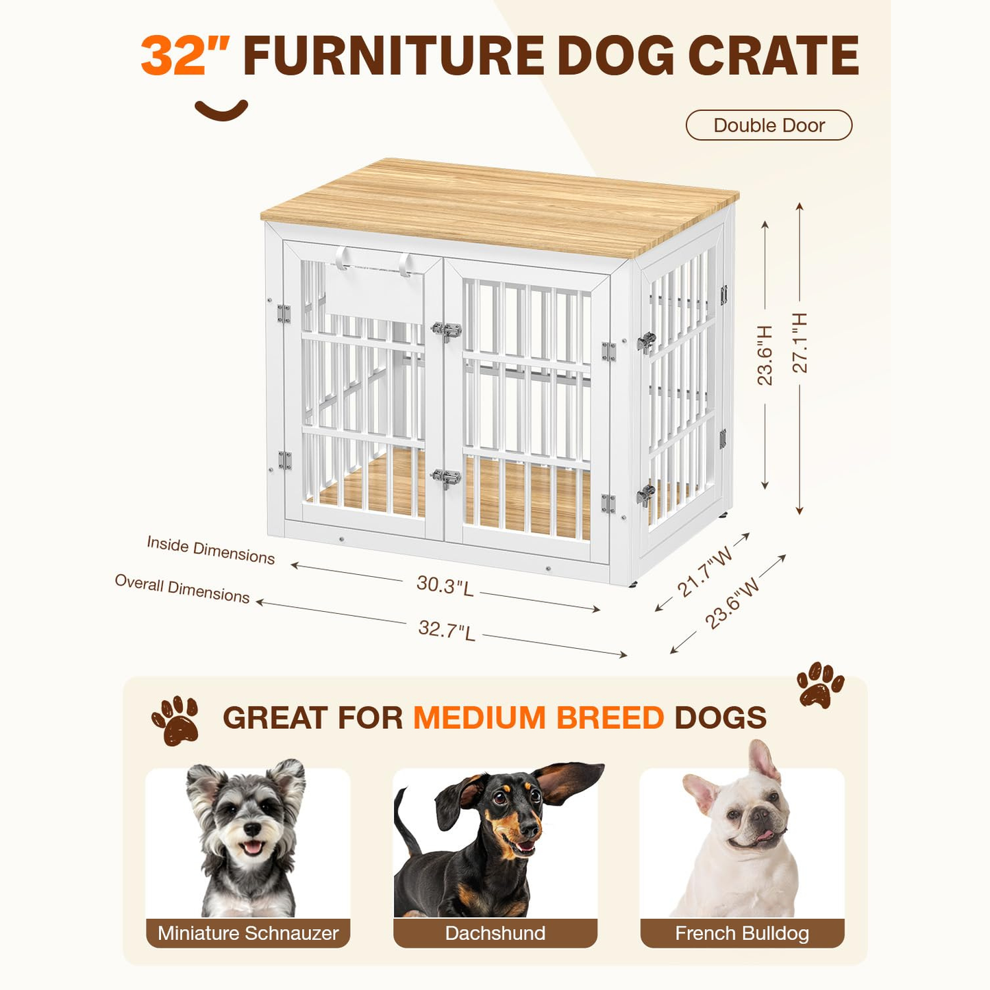 YODOLLA 32'' Dog Crate Furniture for Medium Breed, White