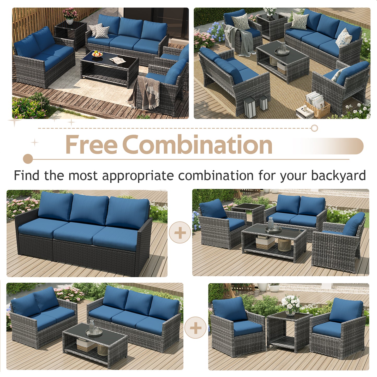 YODOLLA Patio Furniture Set with Two Table 7 PCS Outdoor Furniture, Gray Ranttan Blue Cushion