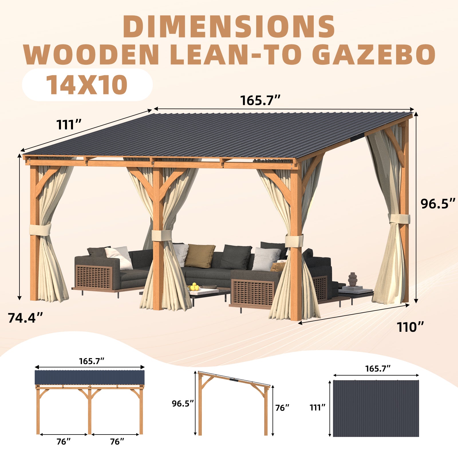 YODOLLA 10x14 Outdoor Wooden Pergola Gazebo with Curtains and Netting