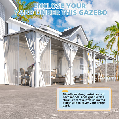 YODOLLA 20' x 8' Outdoor Lean to Gazebo Pergola with Curtain and Netting for Patio, White