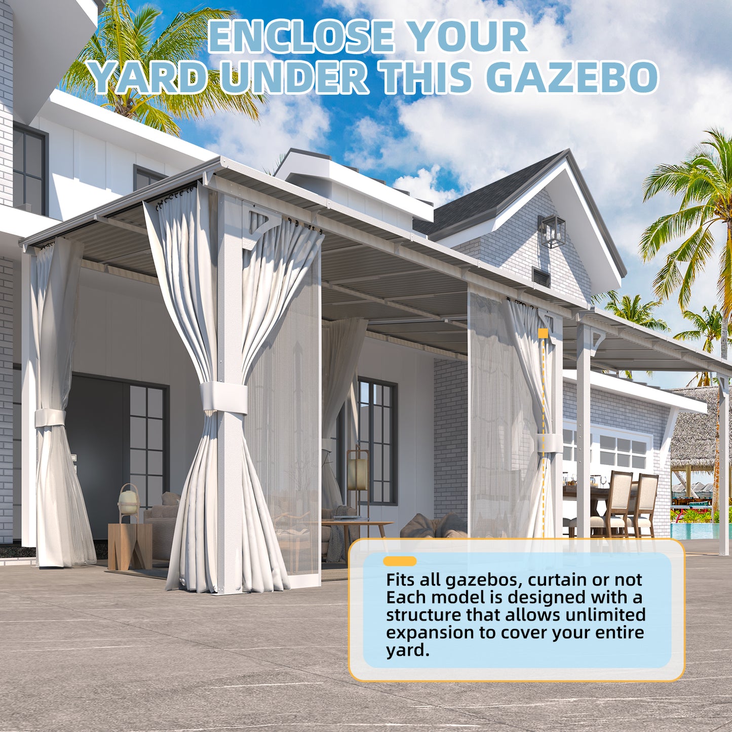 YODOLLA 8'x8' Outdoor Lean to Gazebo Pergola with Curtain and Netting for Patio, White