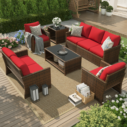 YODOLLA Patio Furniture Set with Two Table 7 PCS Outdoor Furniture, Brown Ranttan Red Cushion