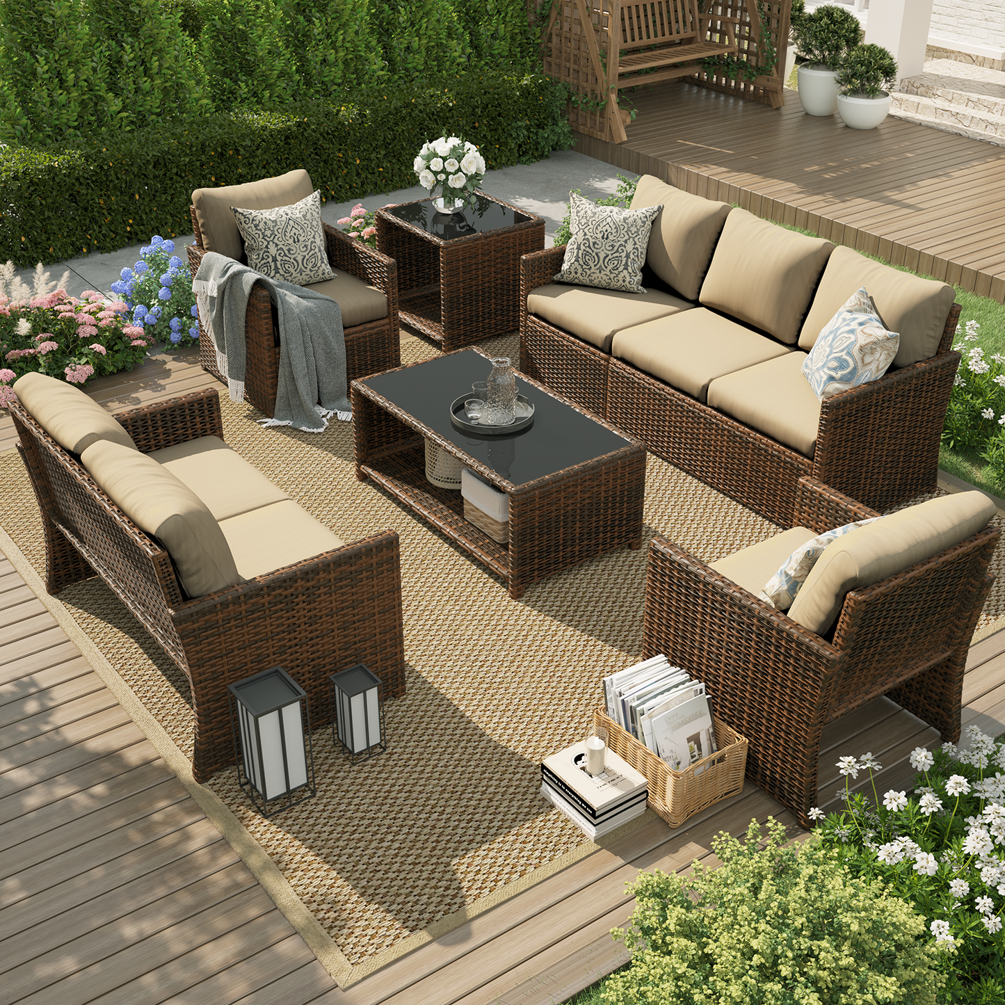 YODOLLA Patio Furniture Set with Two Table 7 PCS Outdoor Furniture, Brown Ranttan Beige Cushion