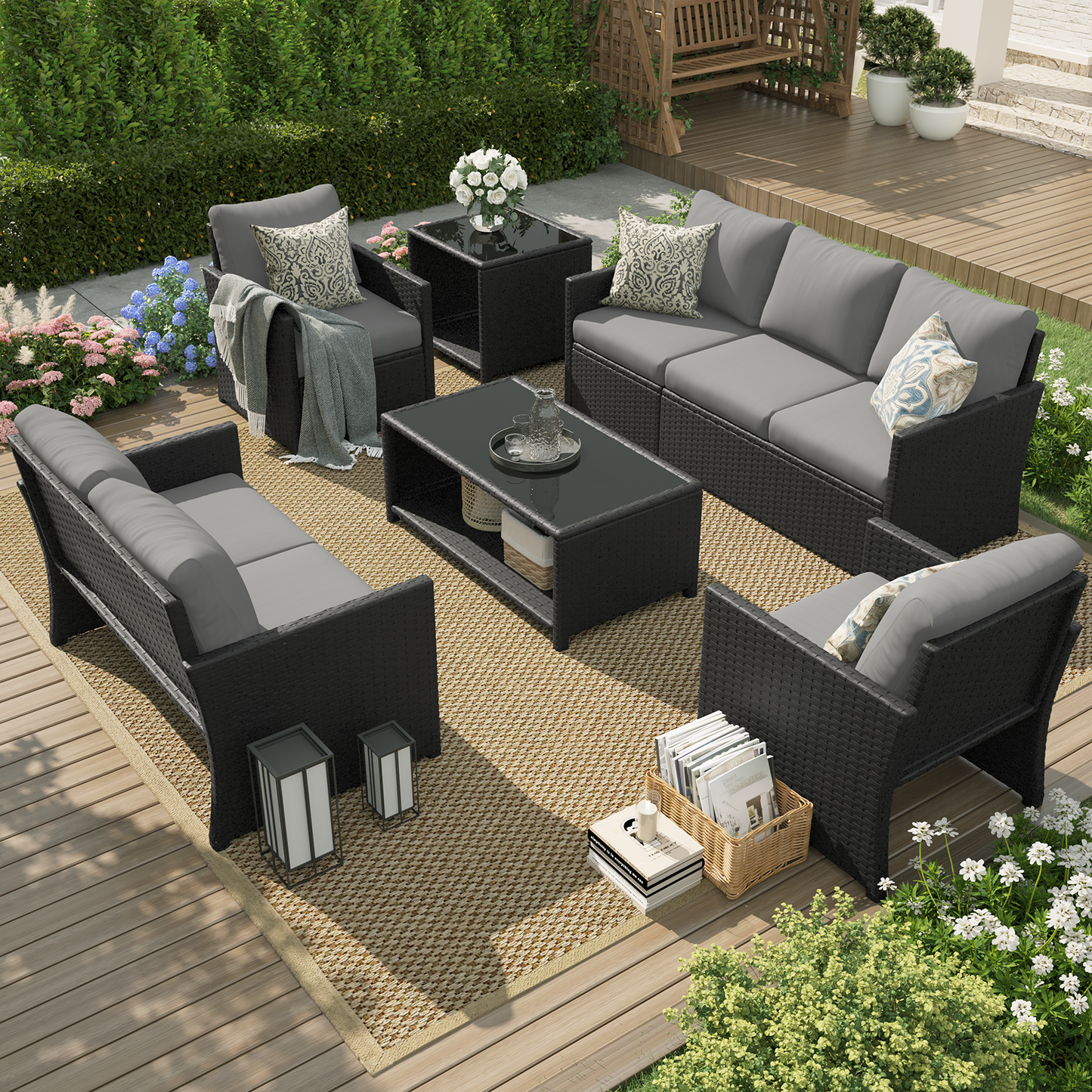 YODOLLA Patio Furniture Set with Two Table 7 PCS Outdoor Furniture, Black Ranttan Gray Cushion