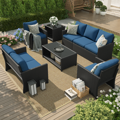 YODOLLA Patio Furniture Set with Two Table 7 PCS Outdoor Furniture, Black Ranttan Blue Cushion