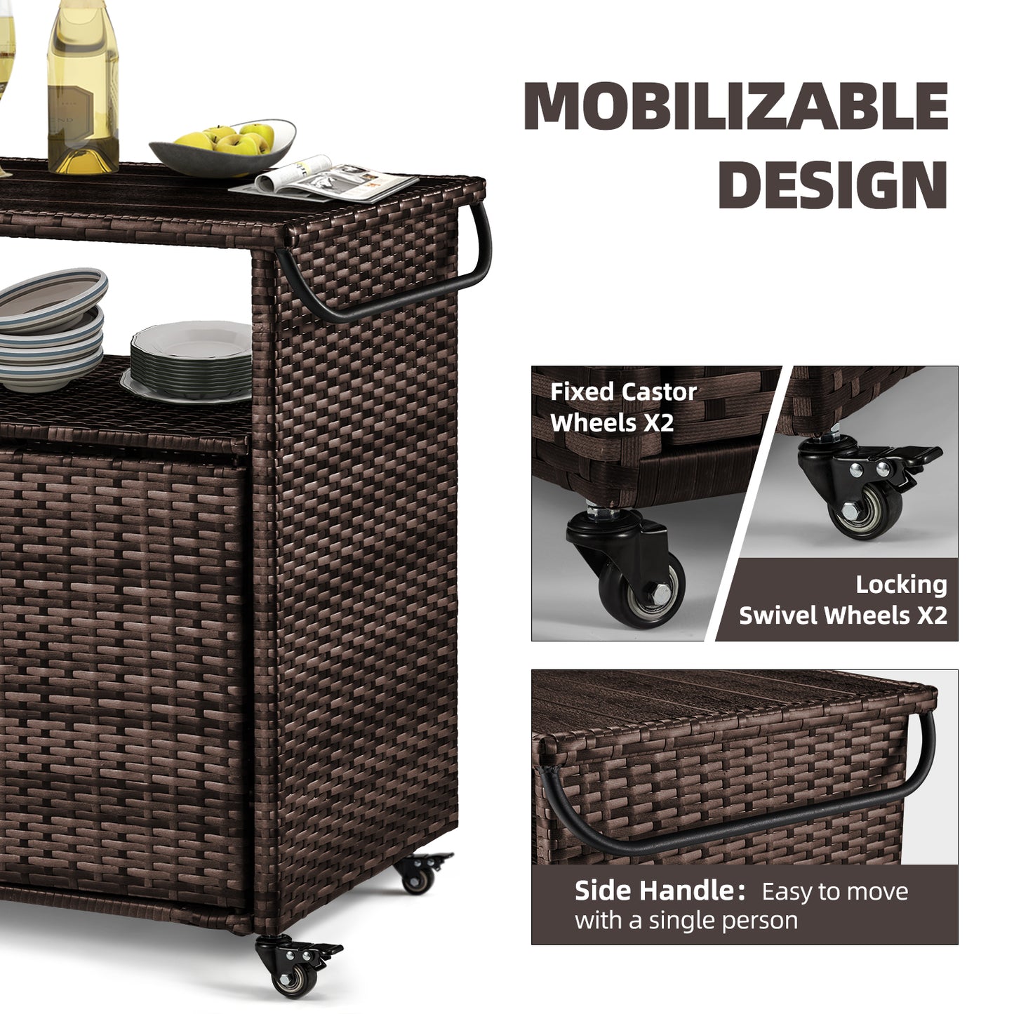 YODOLLA Outdoor Bar Cart, Patio Storage Grill Cart with Handles, Brown
