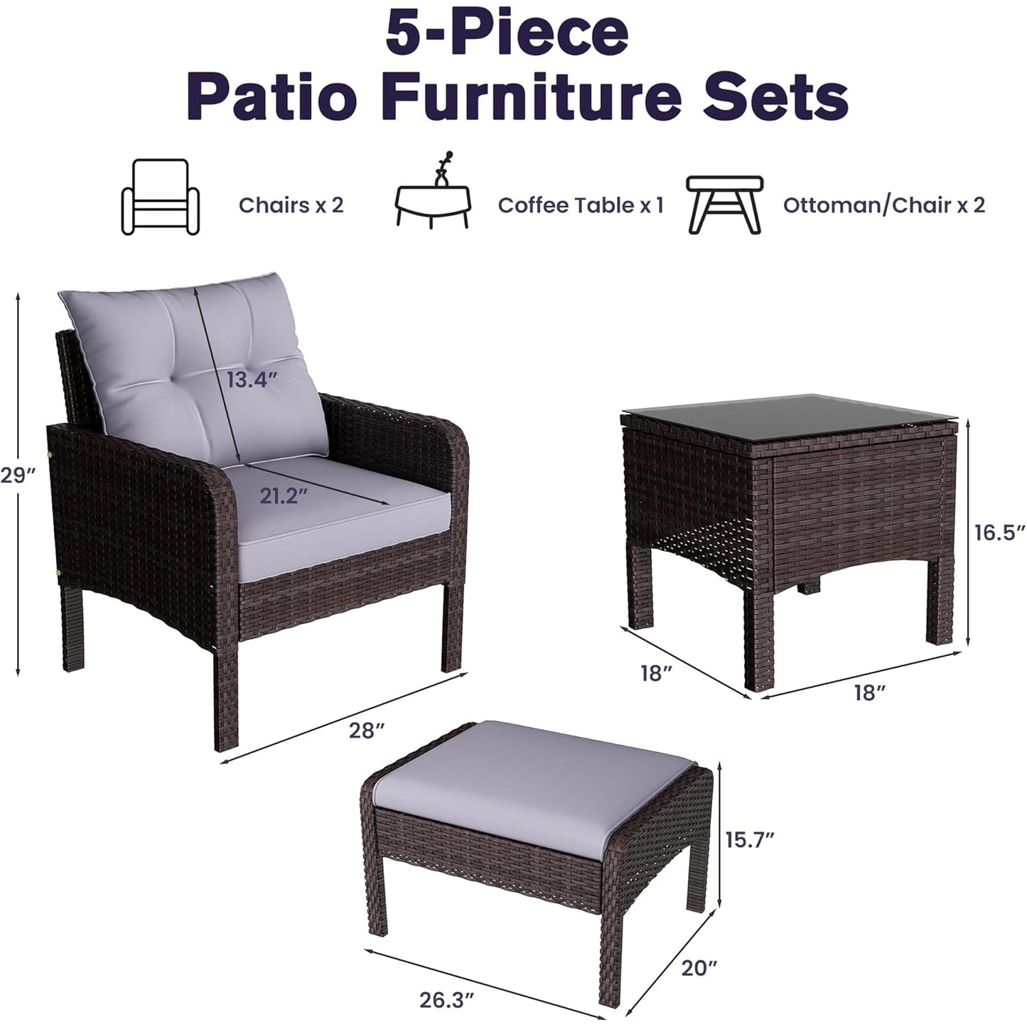 YODOLLA Outdoor 5 Pieces Patio Furniture Set, Grey