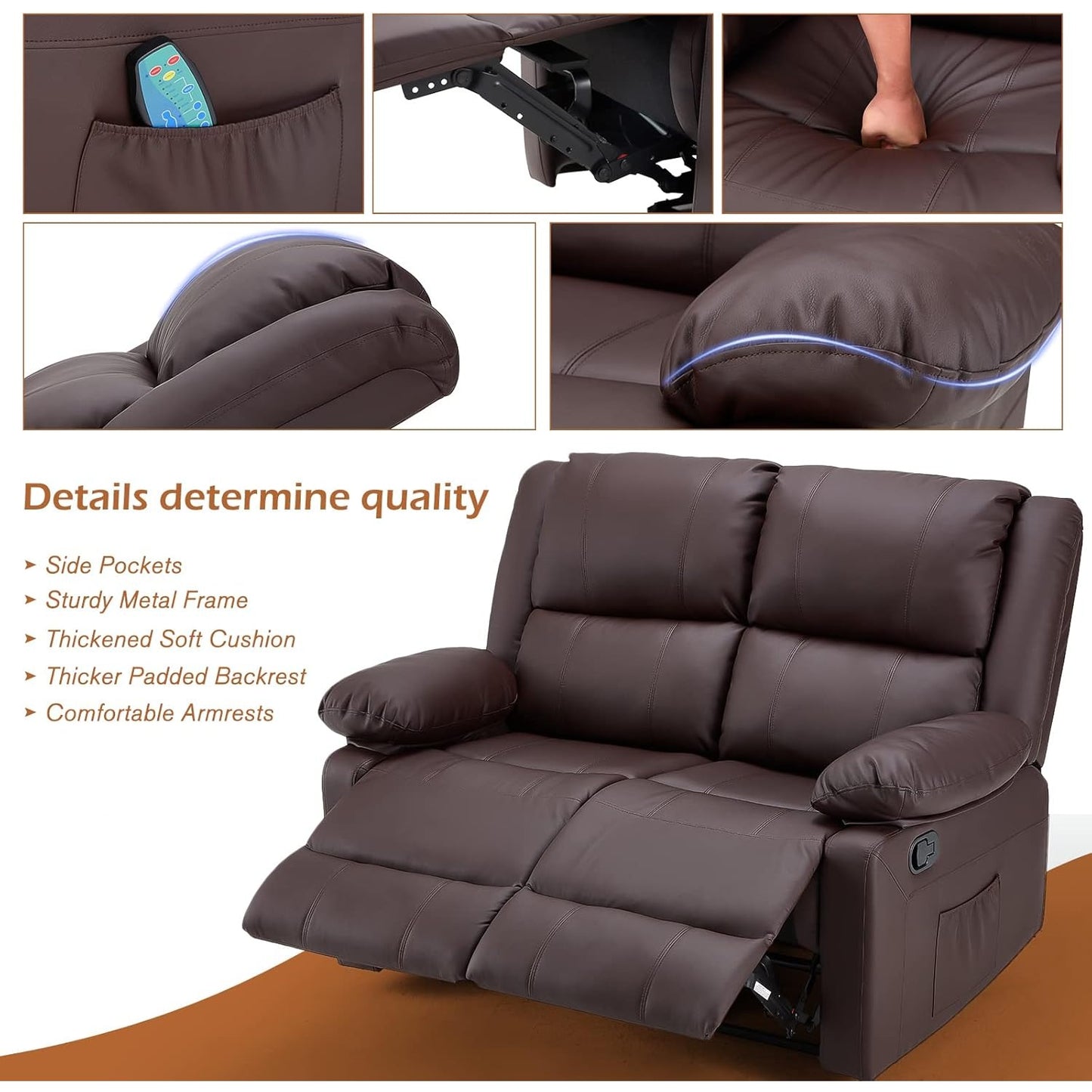 YODOLLA 2 Seat Loveseat Recliner with Heat&Massage Function, Faux Leather, Brown