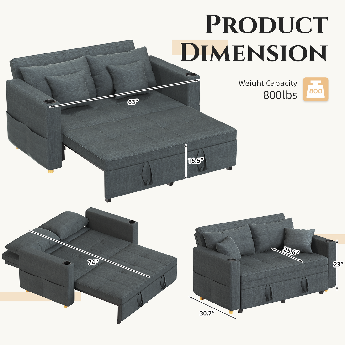 YODOLLA Sleeper Chair Bed, 63" Extra Wide Convertible Sofa Bed for Adults, Dark Grey