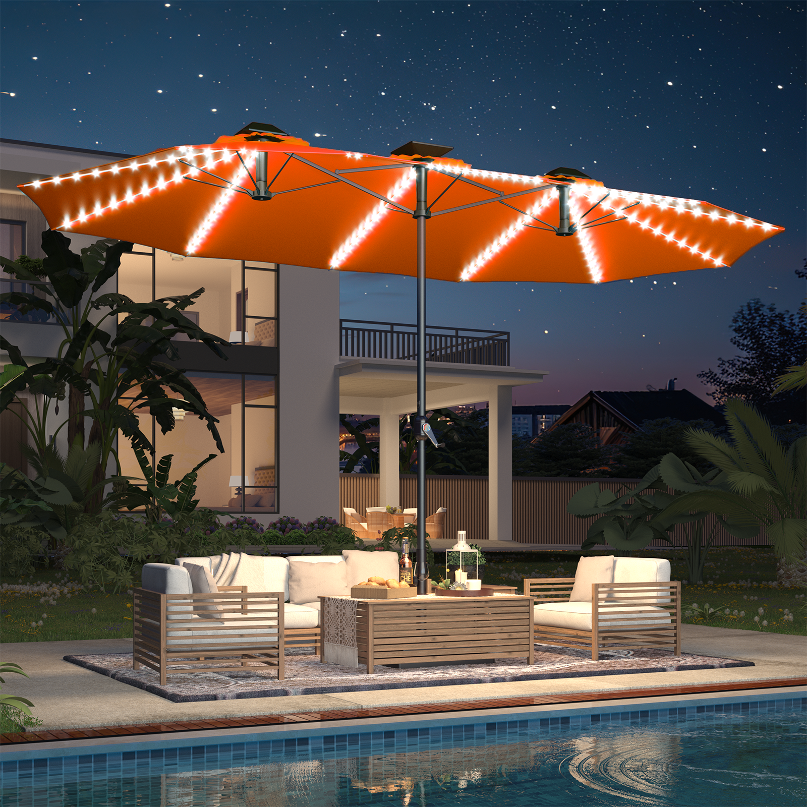best patio umbrella with lights YODOLLA 15ft Patio Umbrella with Solar Lights – Orange, Durable & UV Resistant