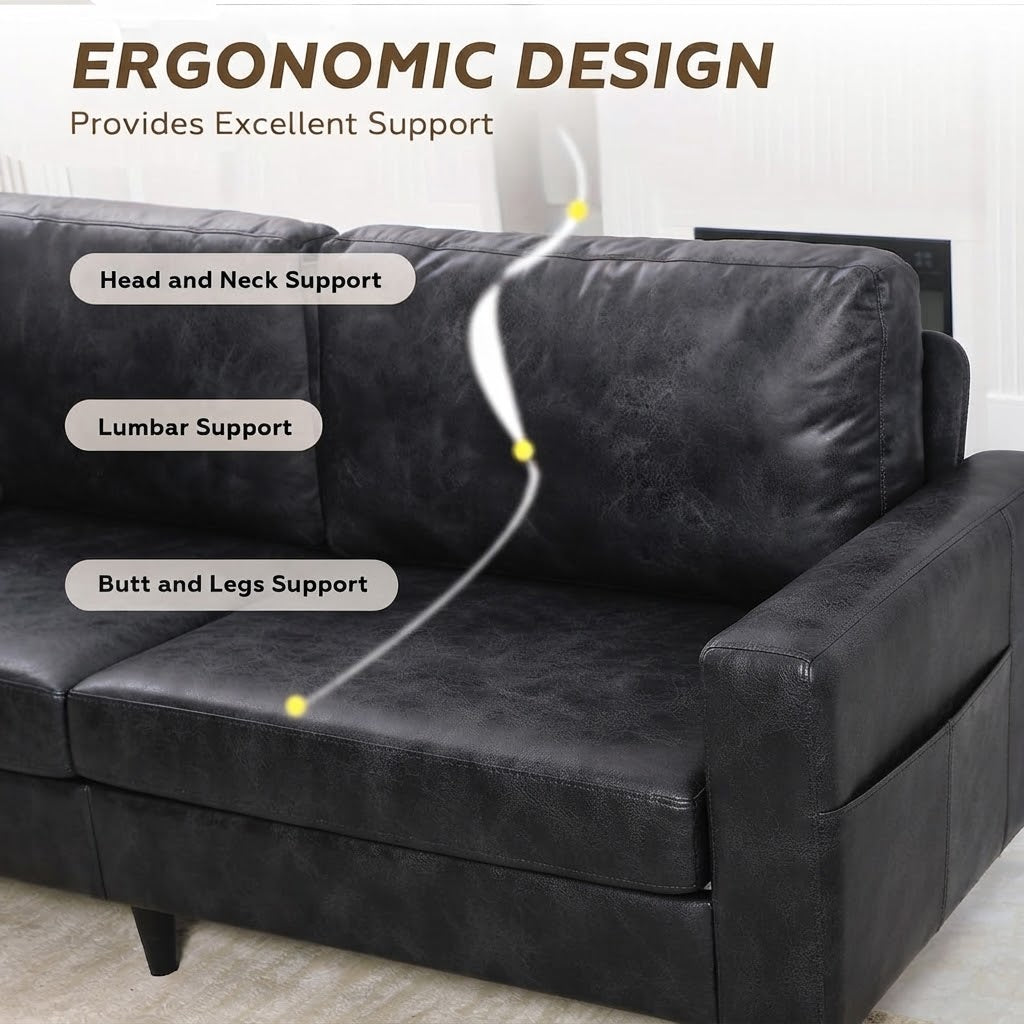 YODOLLA 79" 3-Seat Faux Leather Couch Modern Sofa, Black