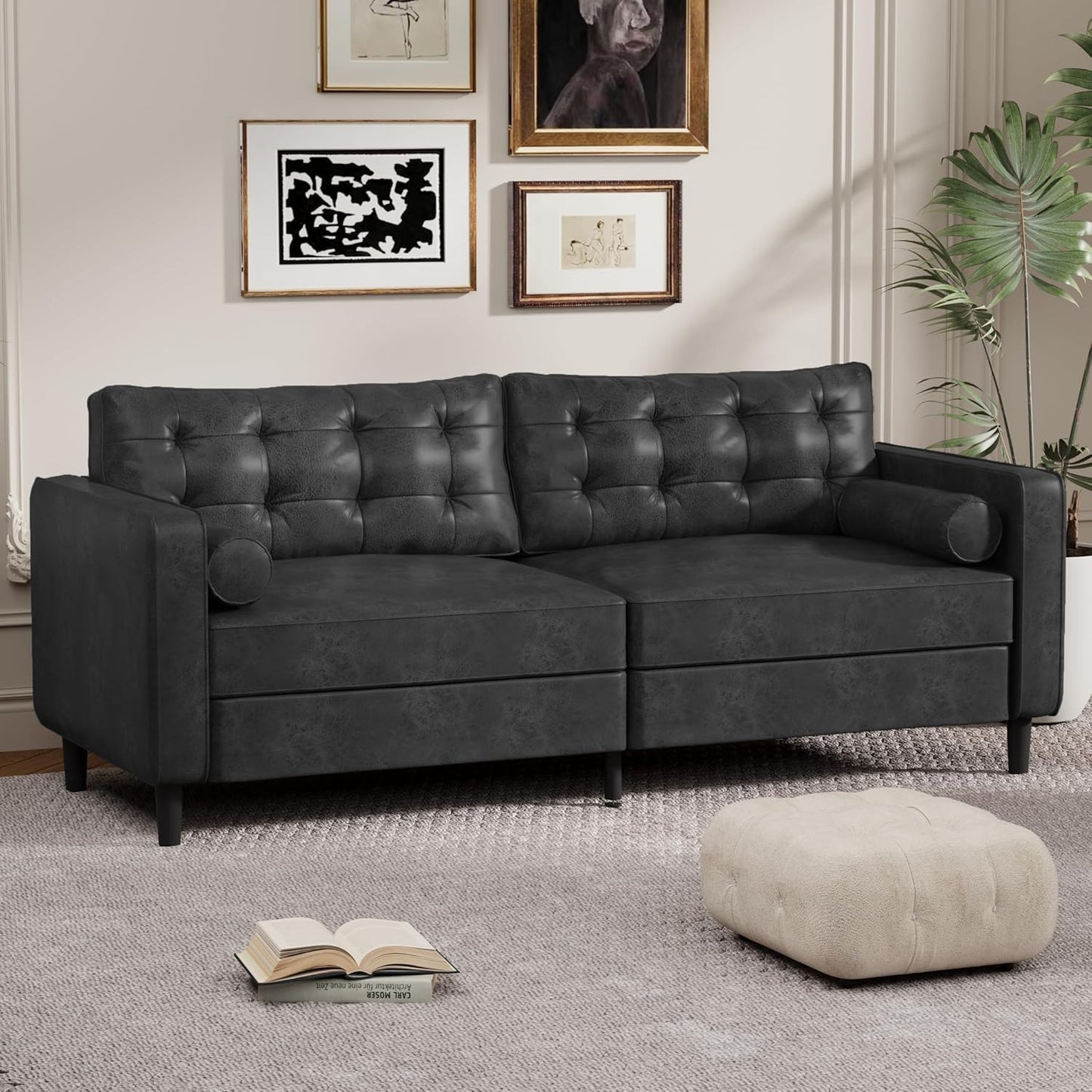 YODOLLA 84.2" 3-Seats Large Sofa Couch Couch, Faux Leather Black