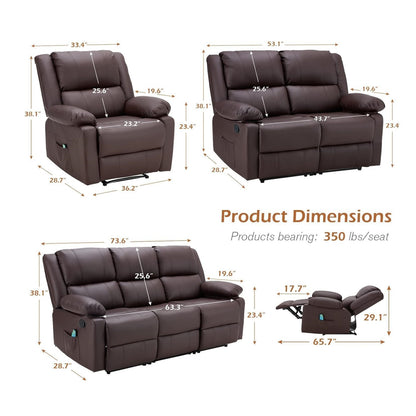 YODOLLA 3 PCS Recliner Sofa Set Overstuffed Leather Reclining Sofa, Brown