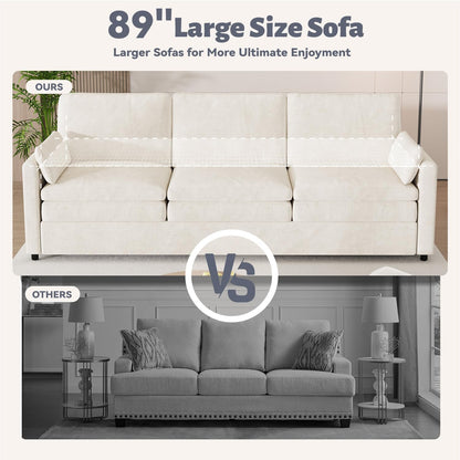 YODOLLA 89" Chenille Sofa, 3-Seater, 2 Removable Pillows, Cream White