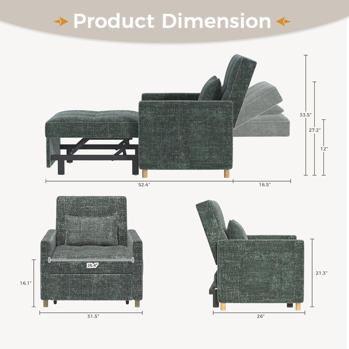 YODOLLA 3 in 1 Chair Bed Sleeper for Adults, Green