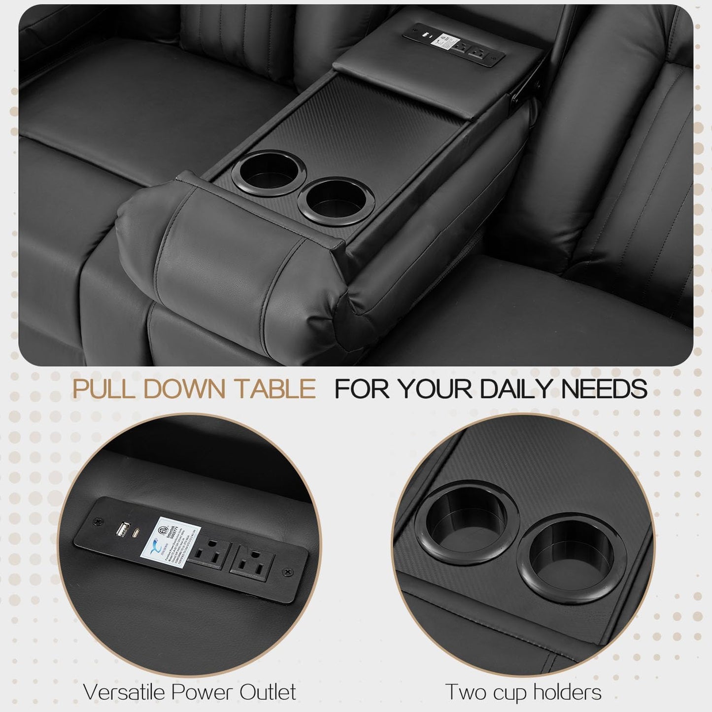 YODOLLA Black Reclining Sofa w/ Bluetooth, Black