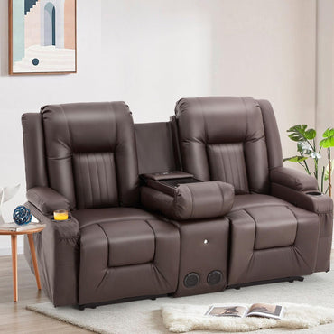 YODOLLA Faux Leather Recliner Sofa w/ Console, Brown